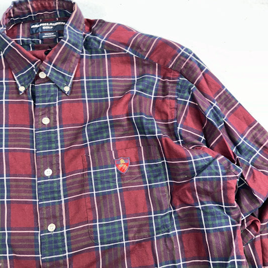 Vintage Polo Ralph Lauren Shirt Mens Large Red Blue Plaid Tilden Golf Crest