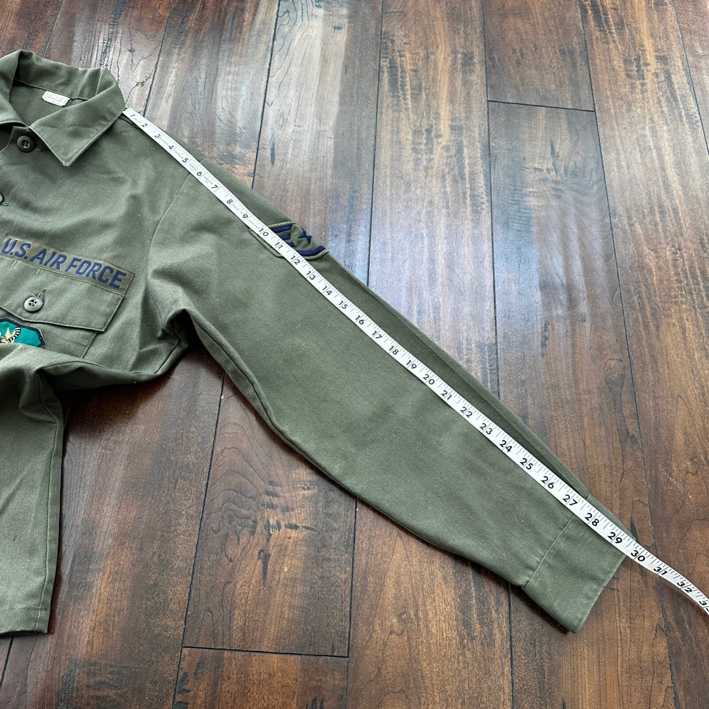 VTG US Military Shirt Mens 15.5 Green OG 507 Utility Patches Jacket 1980 USAF