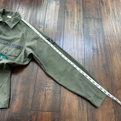 VTG US Military Shirt Mens 15.5 Green OG 507 Utility Patches Jacket 1980 USAF