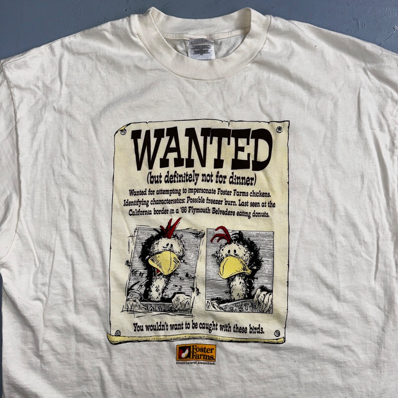 Foster Farms Wanted Chicken VTG T Shirt Funny Y2K 2XL Beige Boho Graphic Fun