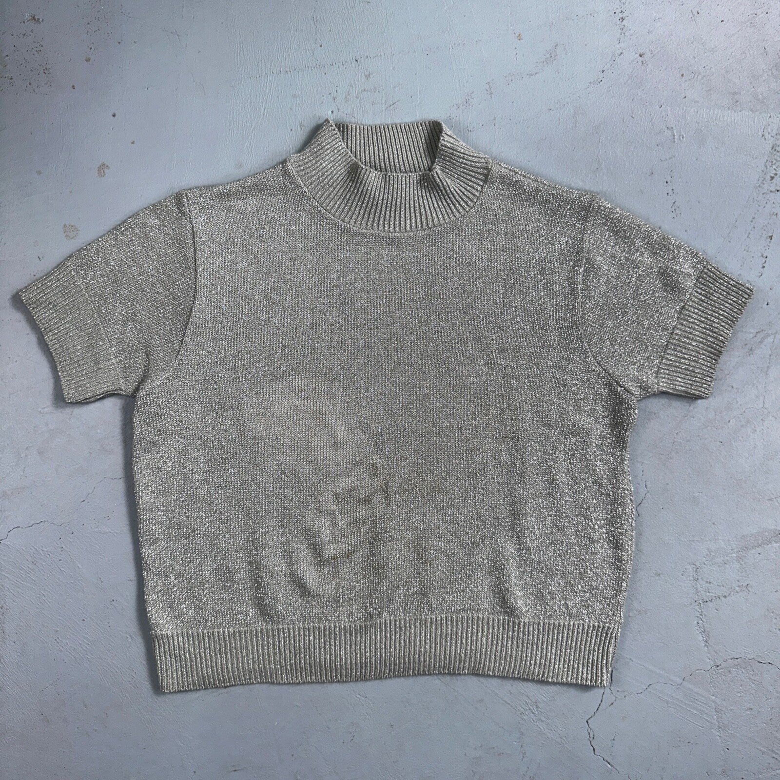 BFA Classics Womens Knit Short Sleeve Sweater Size Small Silver Sparkly Cute