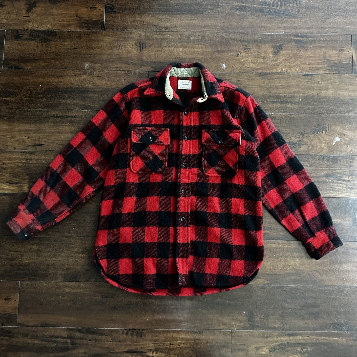 Vintage Penneys Towncraft Red Black Plaid Flannel Shirt Sz M Checker 60s 70s