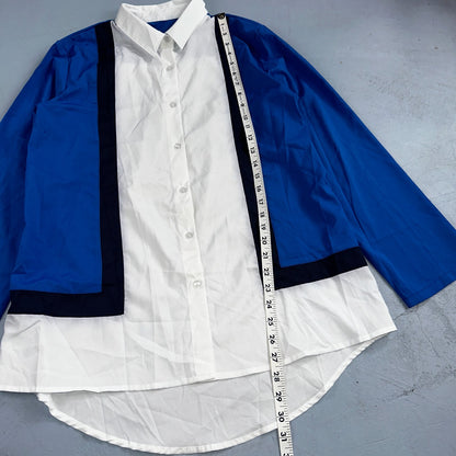 White Blue Long Sleeve Button Up Womens L Vintage 90s China Abstract Striped