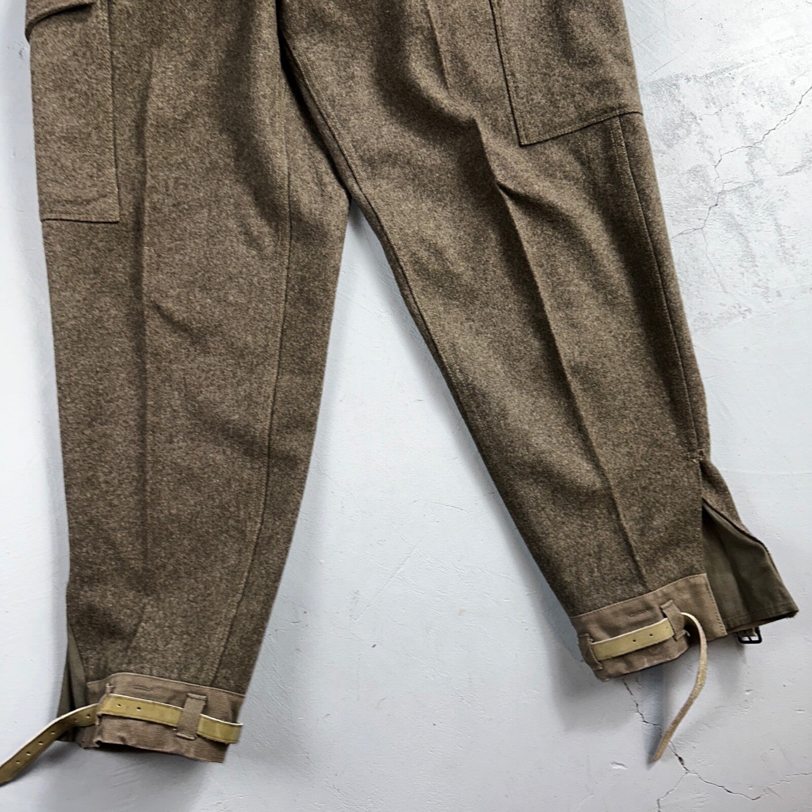 Vintage 1960s Swedish Army Wool Cargo Heavy Pants WWII Leather Straps 34x31