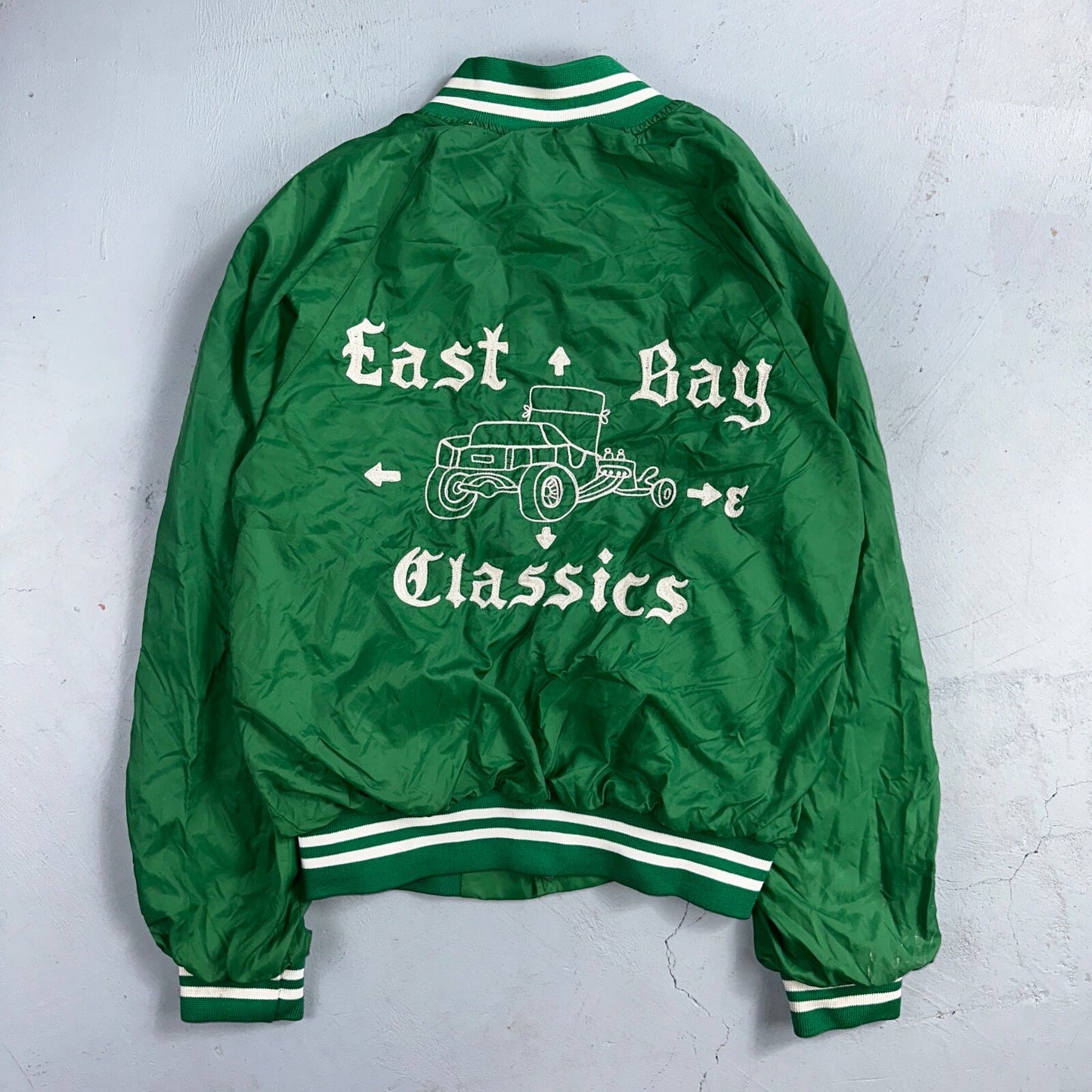 Vintage East Bay Classic Starter Satin Jacket Nylon 80s Green Chainstitch Cars