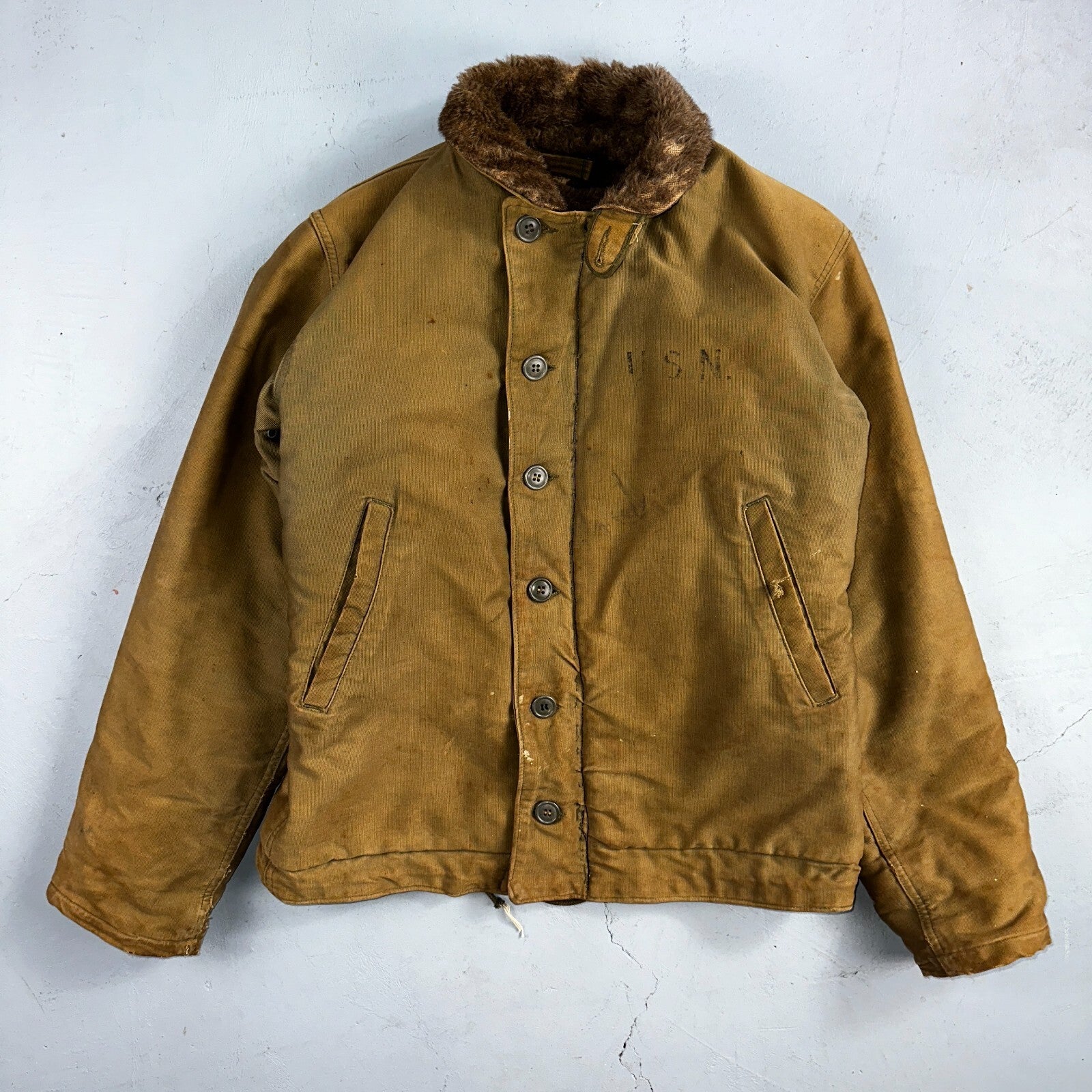 VTG WWII US NAVY USN N1 Deck Jacket Sz 38 Alpaca Stencil Work Coat Rare WW2