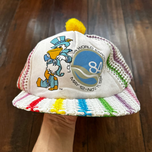 Vintage 1984 Louisiana World Exposition Hat Cap VERY COLORFUL with Pom 80s