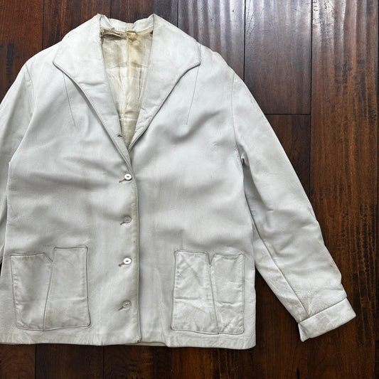 VTG White Leather Western Rancher Jacket 1960s Rockabilly Unisex 60s 50s Button