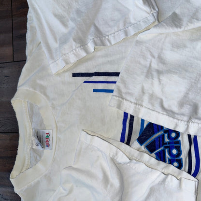 Adidas White Short Sleeve Vintage T Shirt Logo Thrashed 90s Y2K Cut Torn Rap