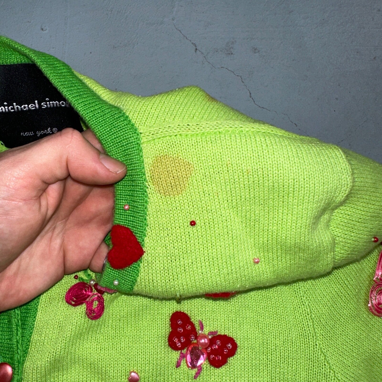 Michael Simon VTG 2000 Dragonfly Hearts Cardigan Sweater Green Valentines Day