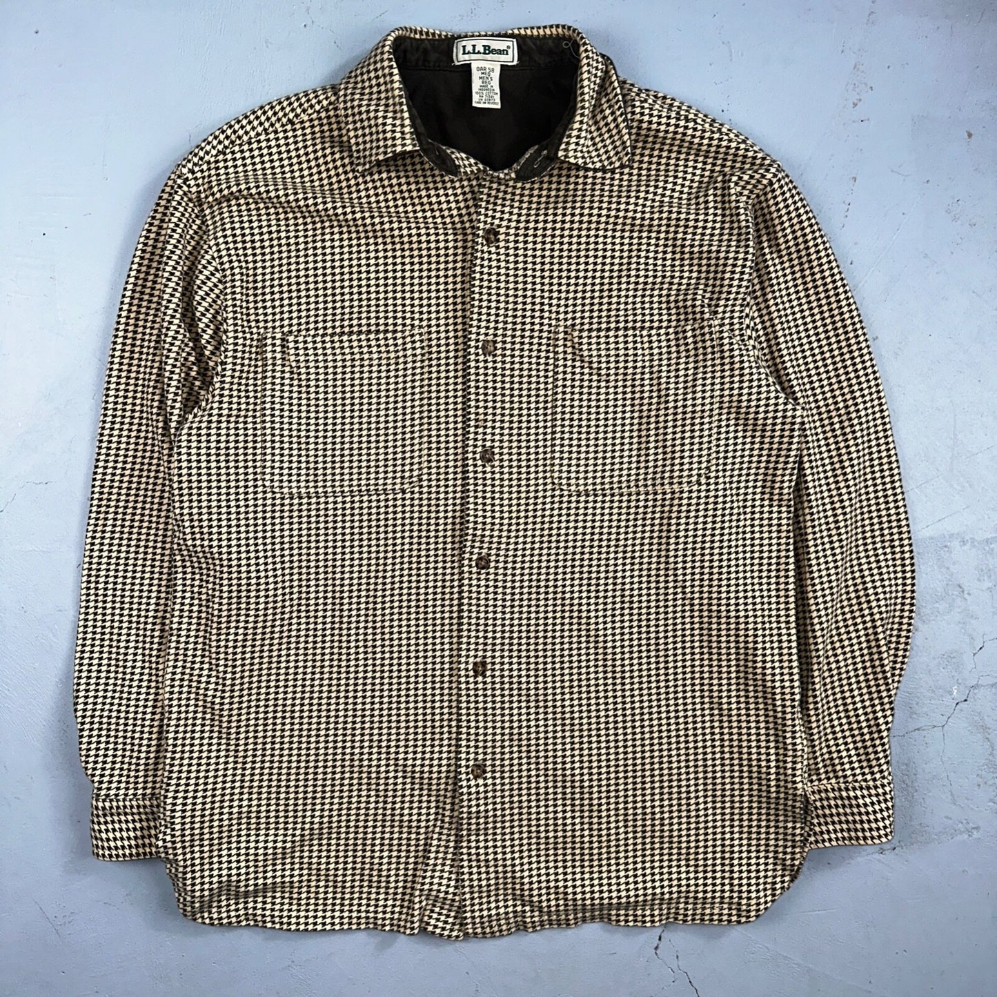 LL Bean VTG SOFT Flannel Shirt Size M Mens Cream Houndstooth Long Sleeve Button