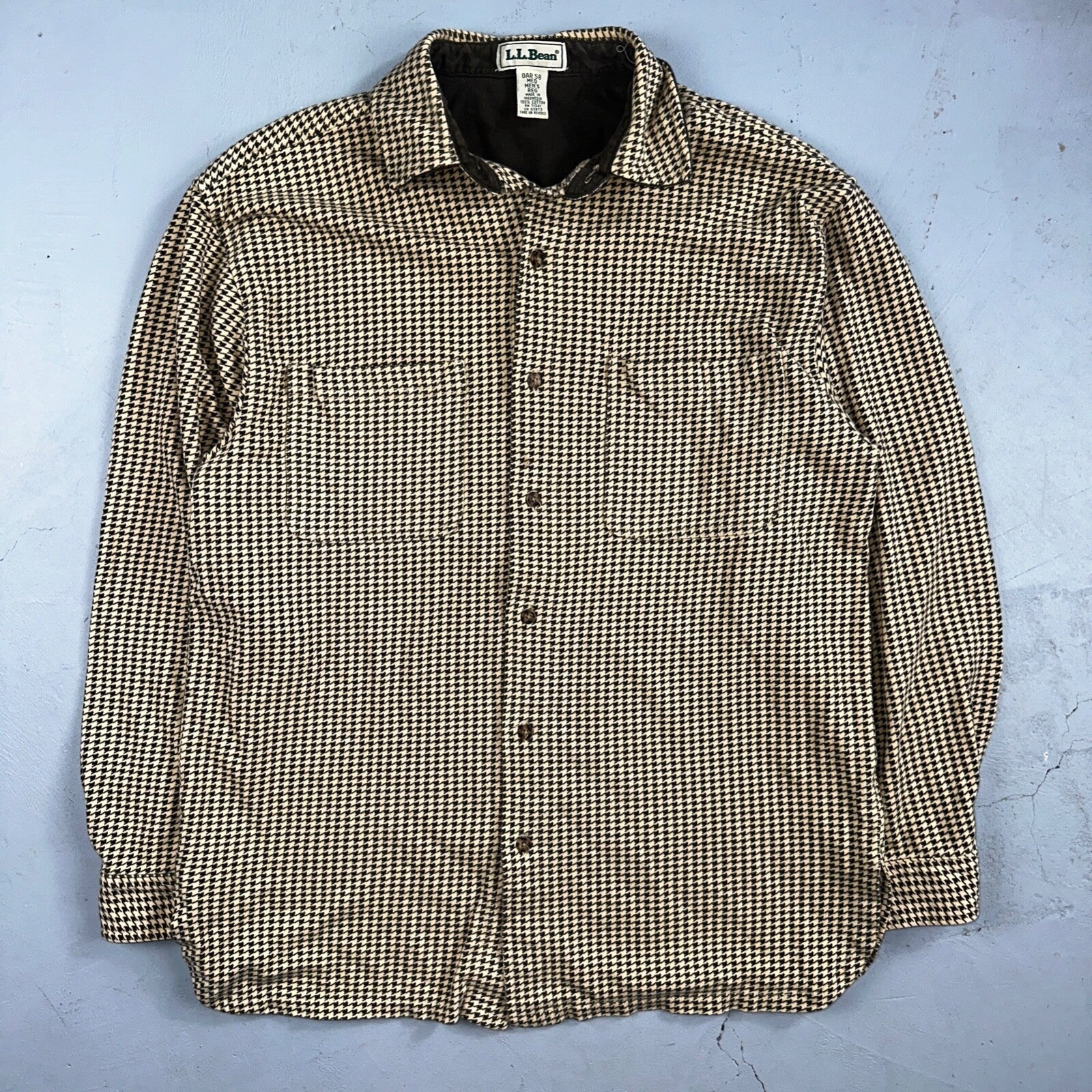 LL Bean VTG SOFT Flannel Shirt Size M Mens Cream Houndstooth Long Sleeve Button