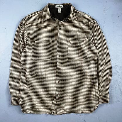 LL Bean VTG SOFT Flannel Shirt Size M Mens Cream Houndstooth Long Sleeve Button