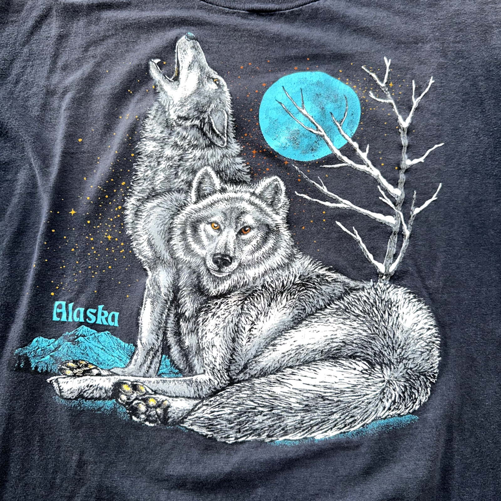 Faded Wolves Howling Vintage T Shirt Single Stitch 90s Thrashed Alaska Moon
