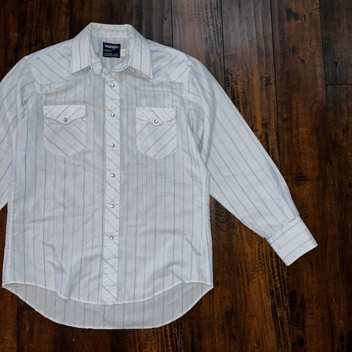 VTG Wrangler Shirt 16-34 Button PEARL SNAP USA Cowboy Cut X-Long Tail Stripe