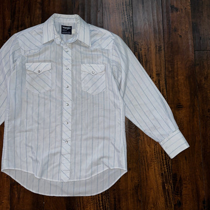 VTG Wrangler Shirt 16-34 Button PEARL SNAP USA Cowboy Cut X-Long Tail Stripe