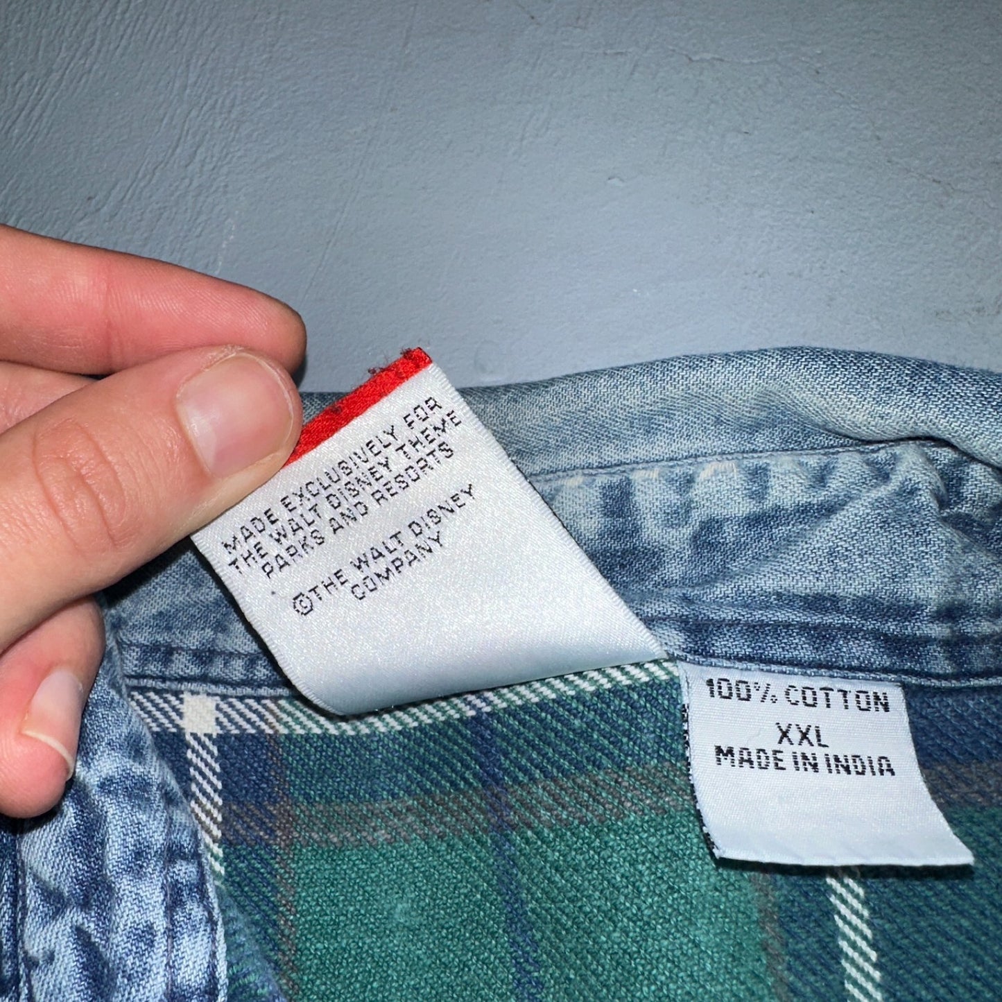 Vintage 90s Disney Mickey 2XL Blue Green Plaid Flannel Shirt Embroidered Pocket