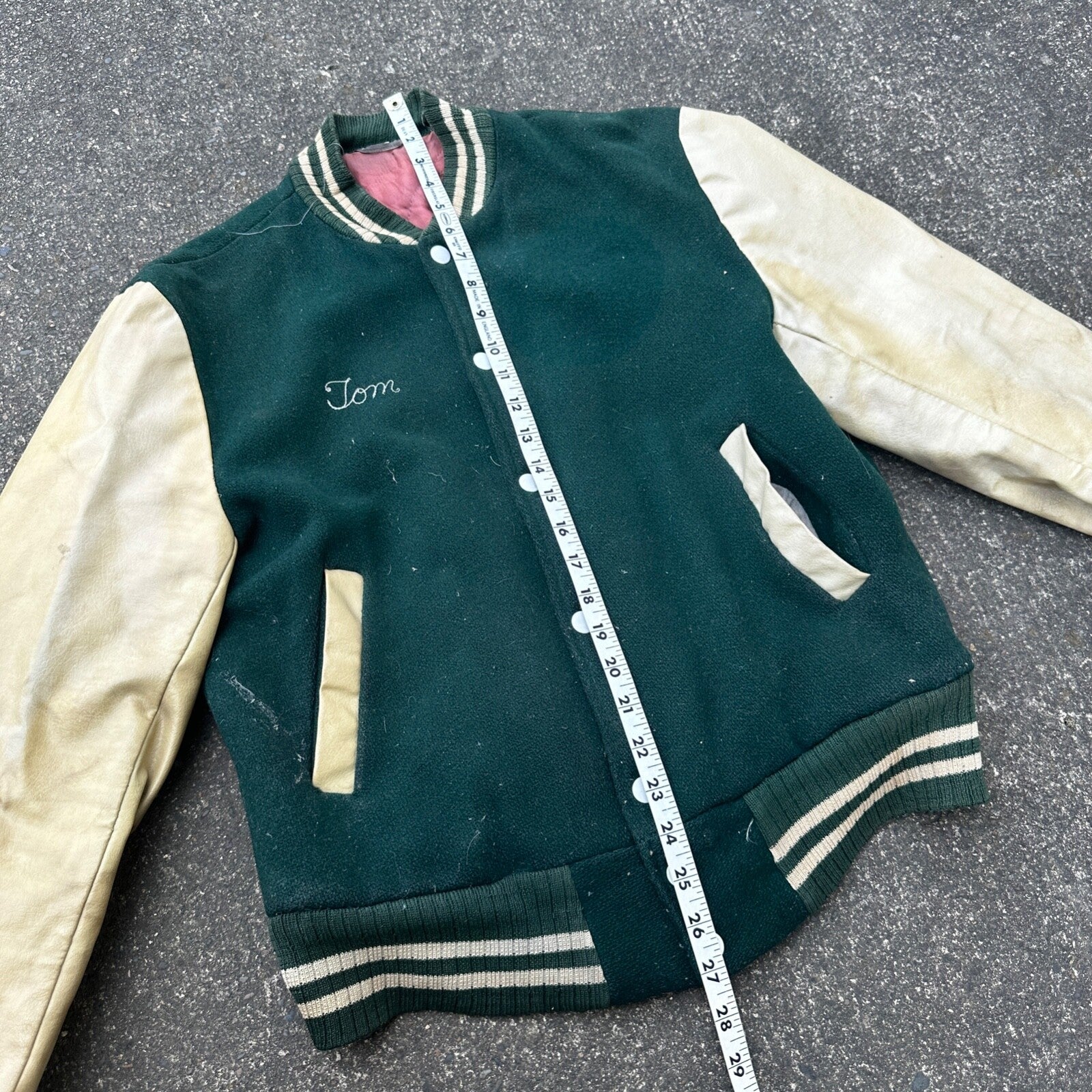 Vintage Letterman Jacket Green White Leather Wool TOM Named Simple Basic 1960s