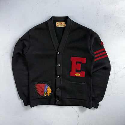 VTG Jack Frost 40s Wool Varsity Sweater Cardigan Indian Black E Evans Letterman