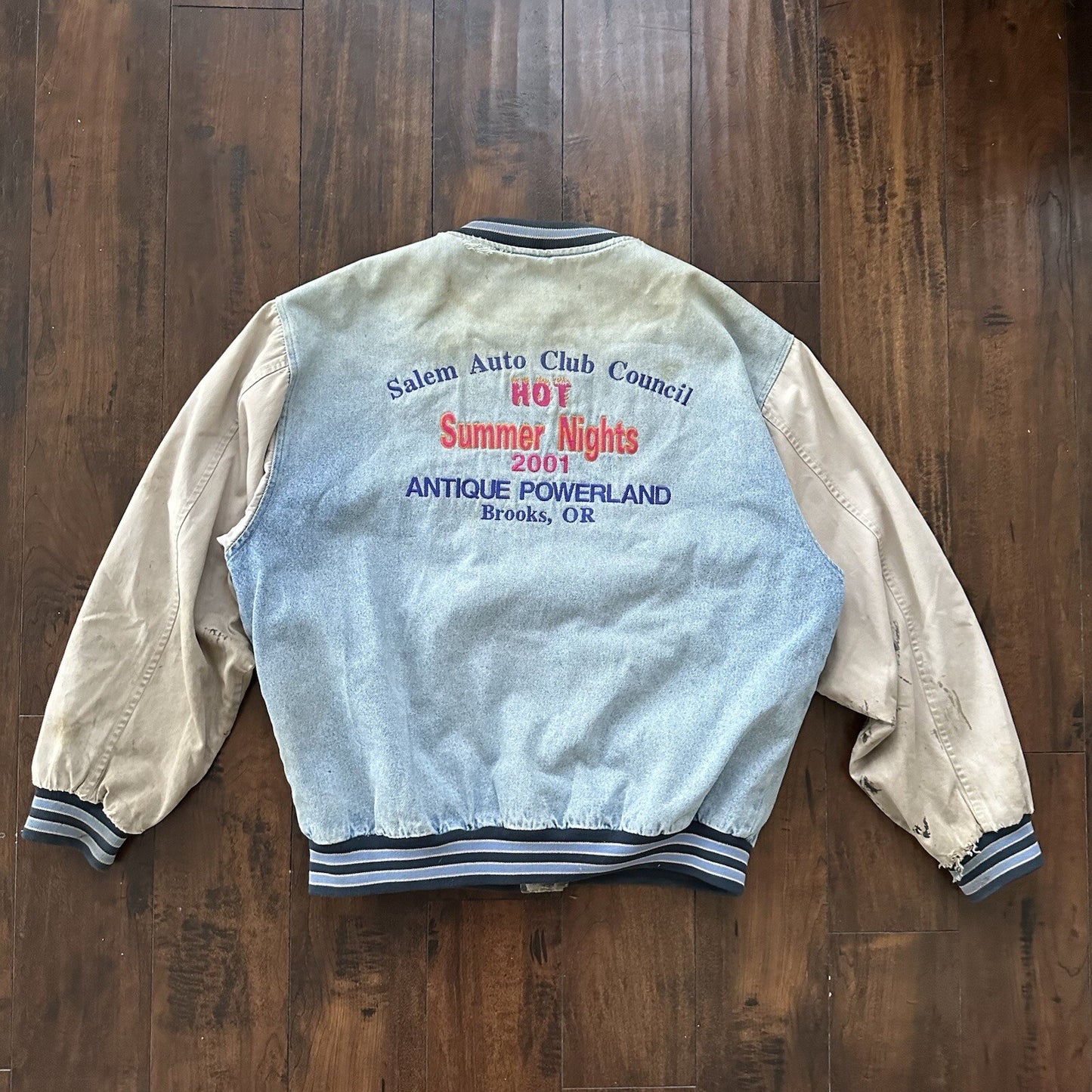 Vintage Oregon 90s Denim Varsity Jacket Bomber Salem Auto NASCAR Racing Thrashed