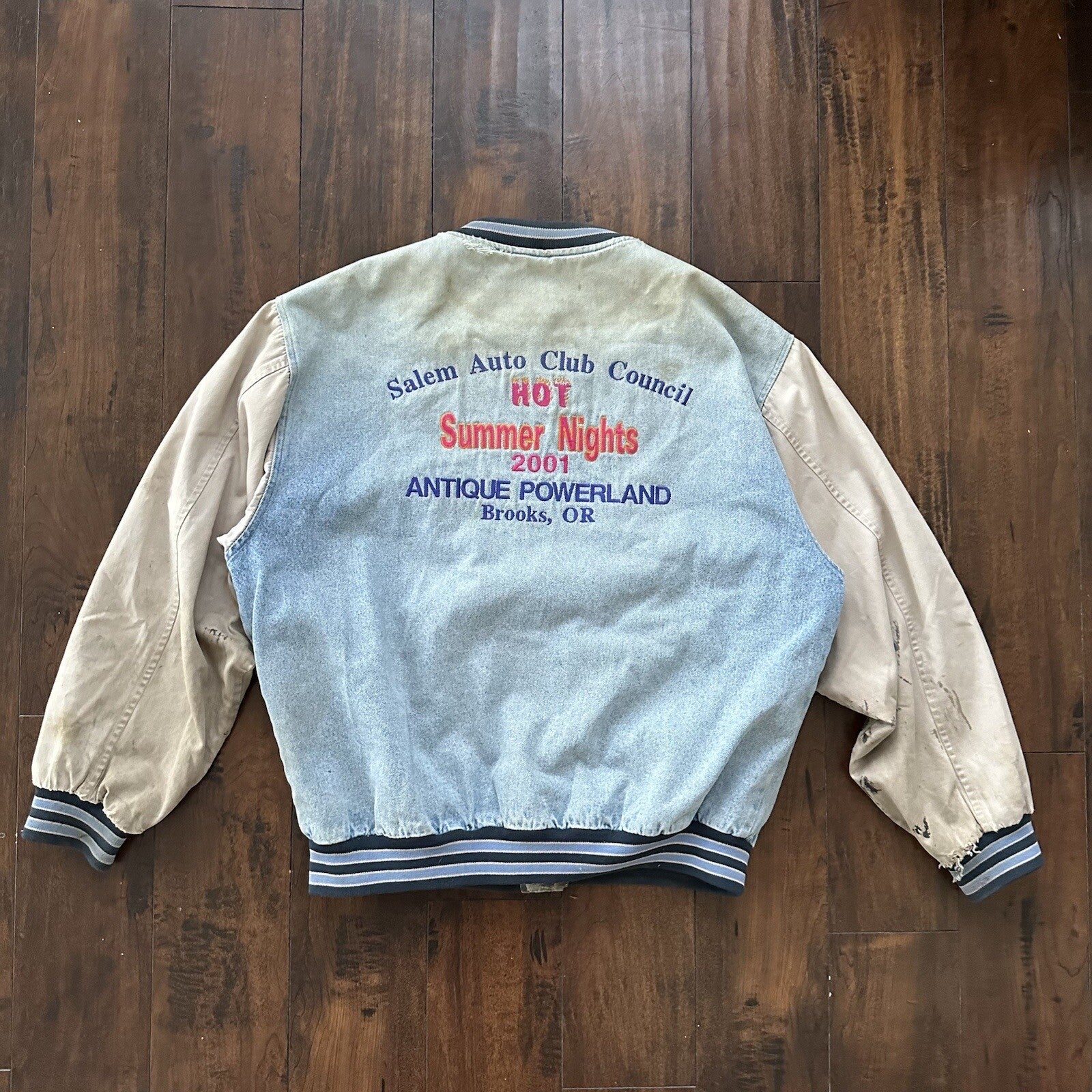 Vintage Oregon 90s Denim Varsity Jacket Bomber Salem Auto NASCAR Racing Thrashed