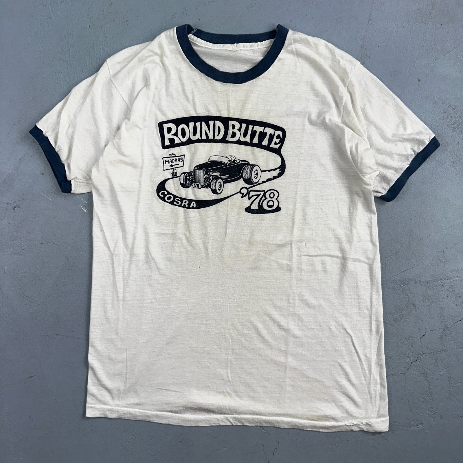 Round Butte Oregon 1970s VTG T Shirt 1978 Rockabilly Ringer Cars Hot Rod PDX Art