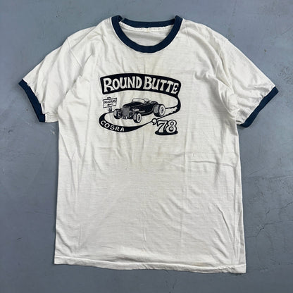 Round Butte Oregon 1970s VTG T Shirt 1978 Rockabilly Ringer Cars Hot Rod PDX Art