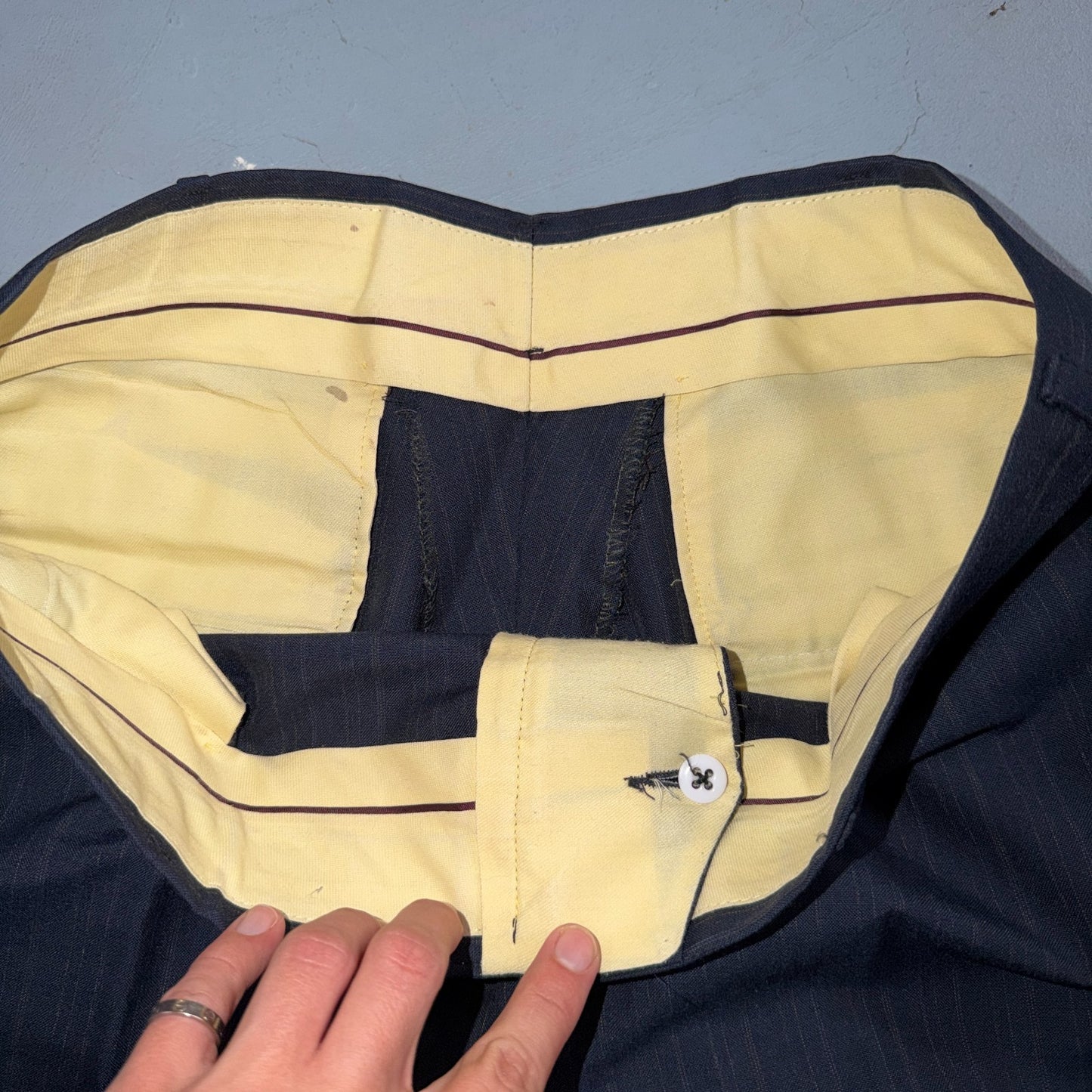 VTG Mens 2 PC Suit 42 Jacket Coat Pants Blue Striped USA Golden Lancer 80s Wool