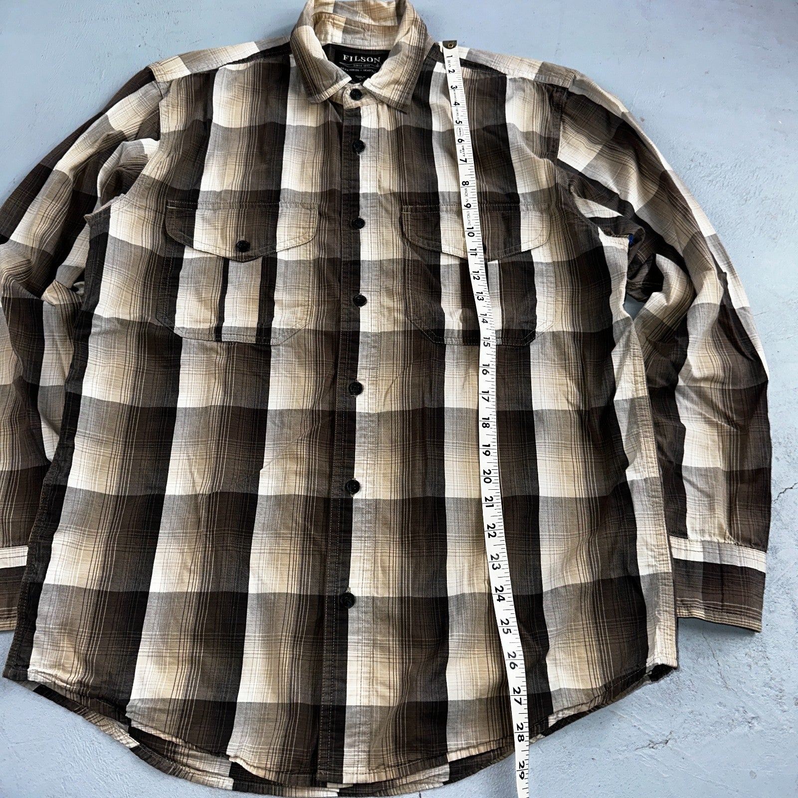 Filson Washed Feather Cloth Button Shirt Small Light White Grey Charcoal Ivory