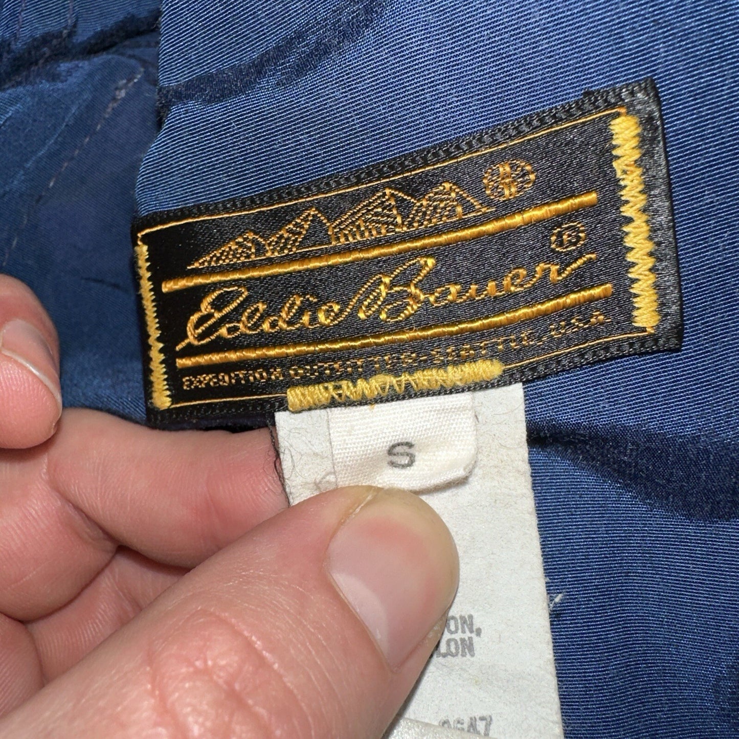 Eddie Bauer VTG Hooded Barn Jacket S Blue Cotton Chore Coat Track Hiking 90s