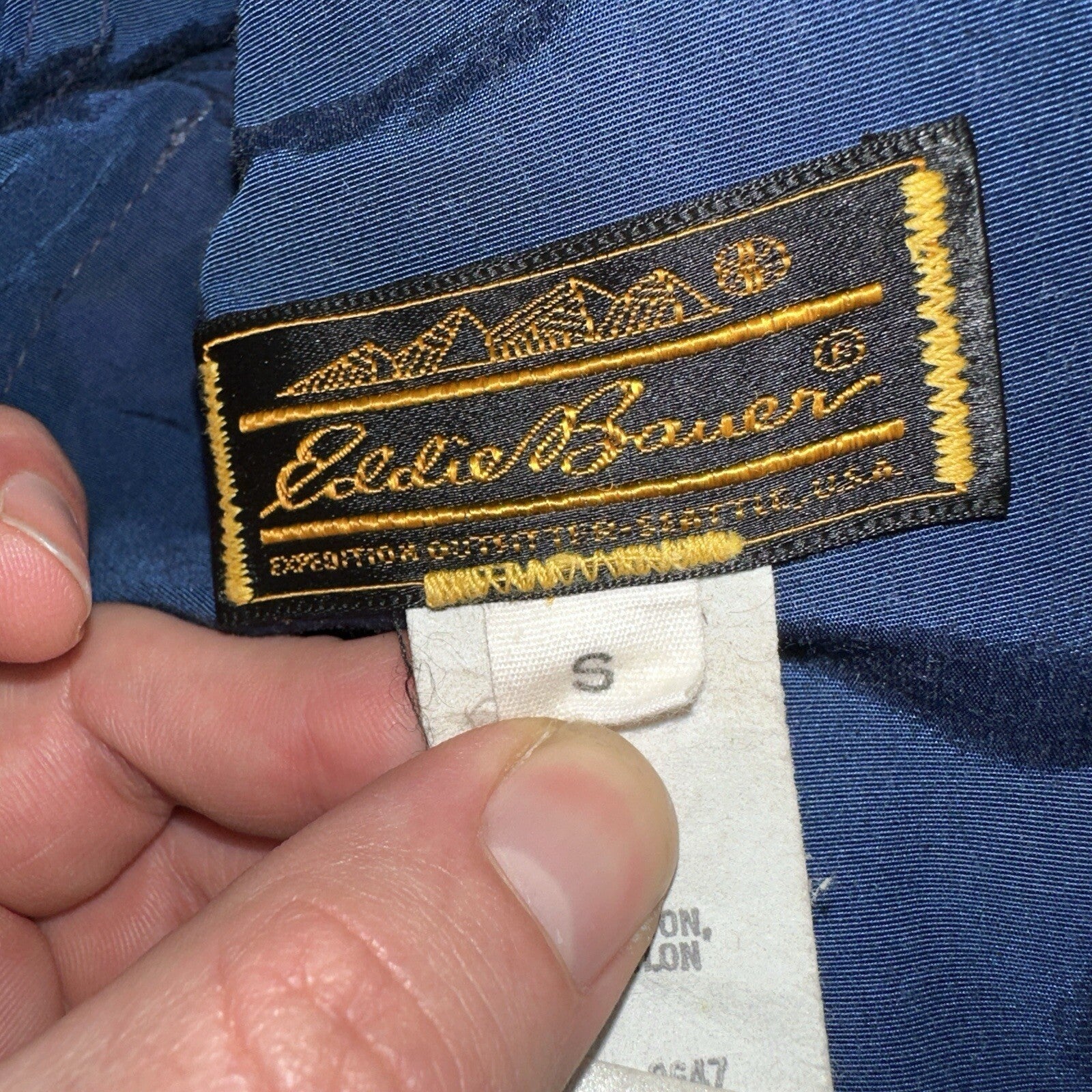 Eddie Bauer VTG Hooded Barn Jacket S Blue Cotton Chore Coat Track Hiking 90s