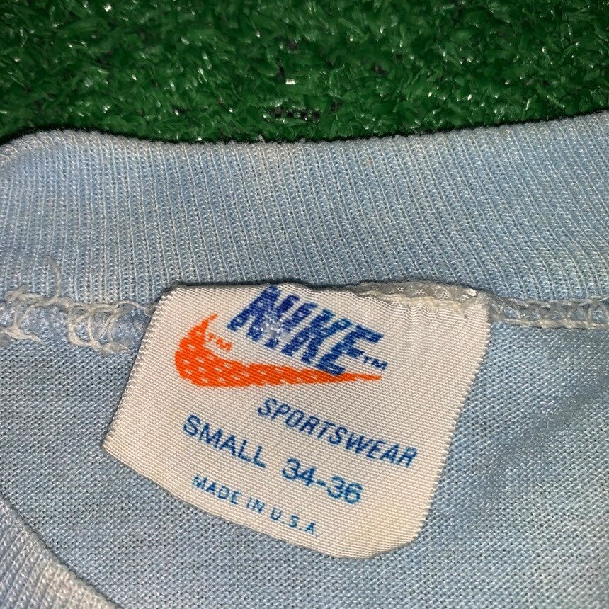Vintage Nike T Shirt USA Rare Thrashed Blue Travis Block Print Quad Pinwheel 70s