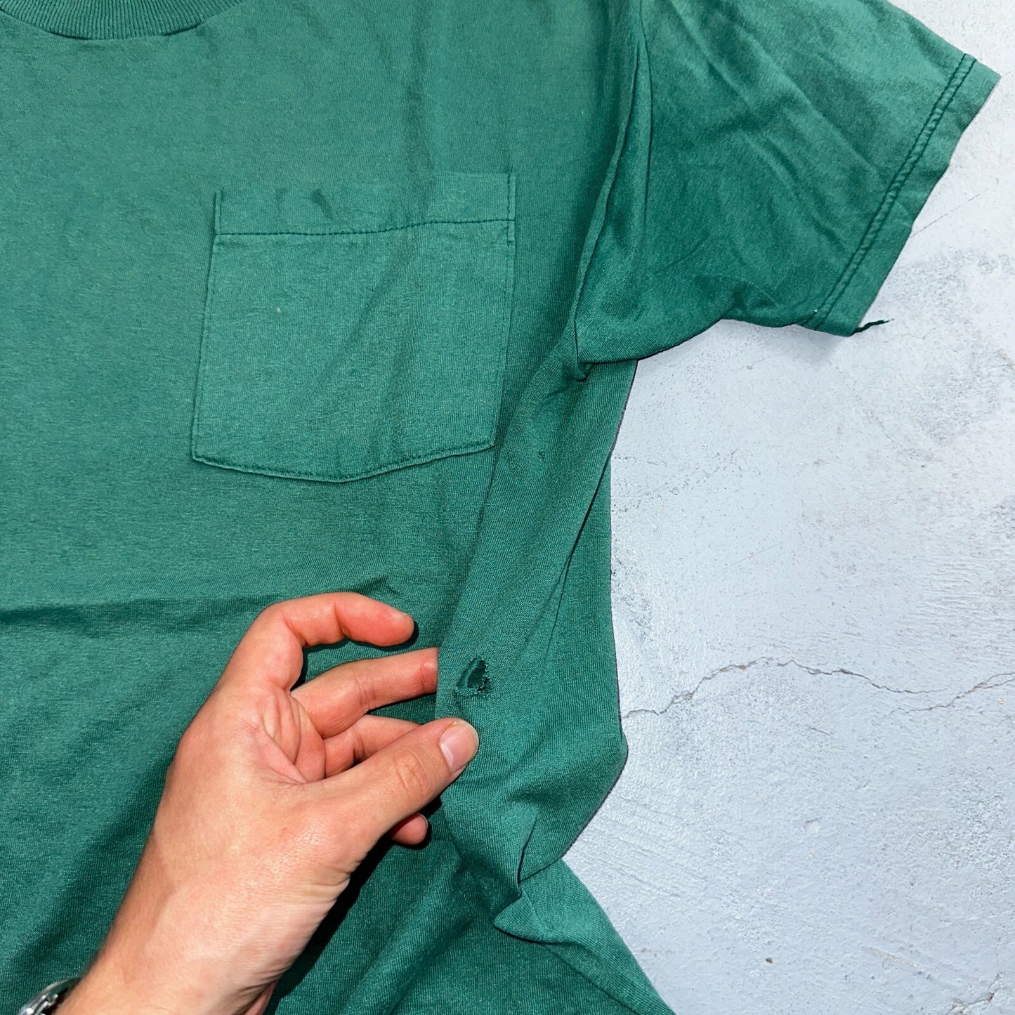 Blank 90s Fruit Of The Loom Pocket VTG T Shirt Y2K Green Selvedge Worn Thrashed