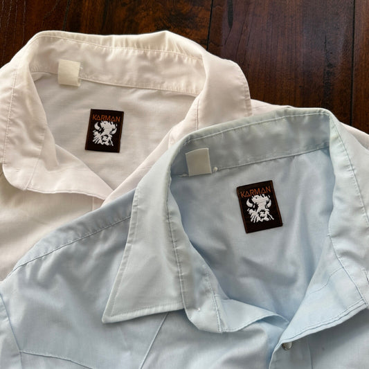 VTG 80s Karman Plain Shirt Mens Lot of 2 Tail Pearl Snap Button Up Poly Stained