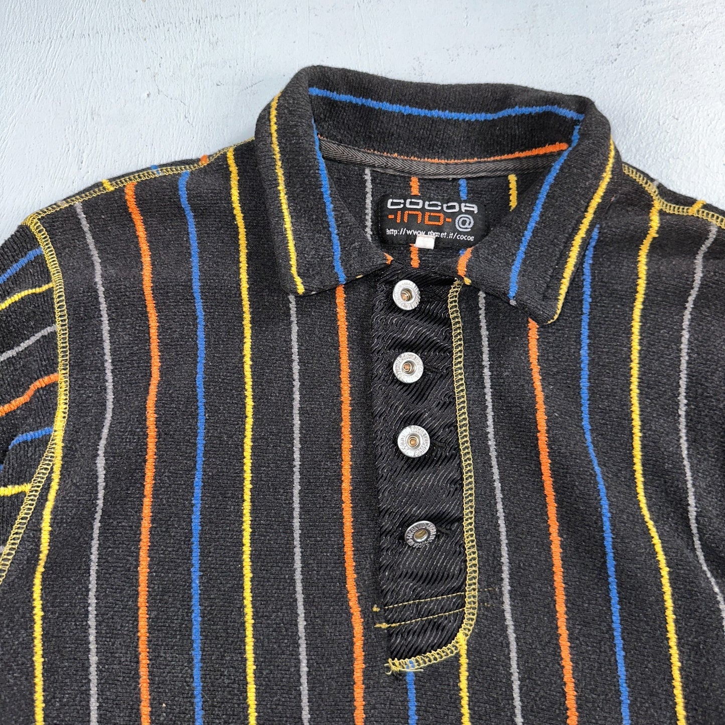 Vintage Cocoa Indo Italy Knit Polo Shirt Small Black Striped Long Sleeve 90s Y2K
