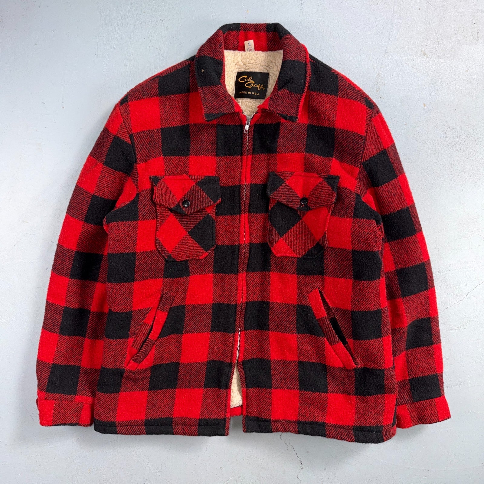 Vtg 80s CAL CRAFT USA Men’s L Red Black Buffalo Plaid Wool Sherpa Hunting Jacket