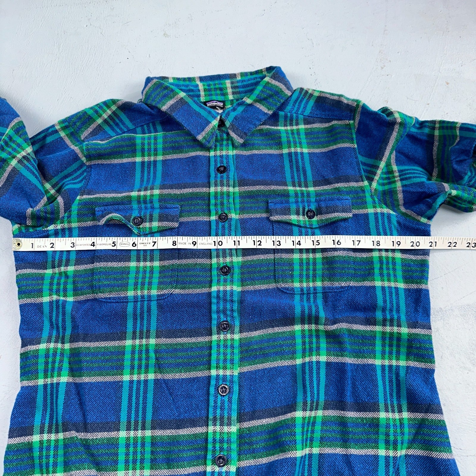 Patagonia Womens 14 Heavy Flannel Long Sleeve Shirt Button Up Blue Green Plaid