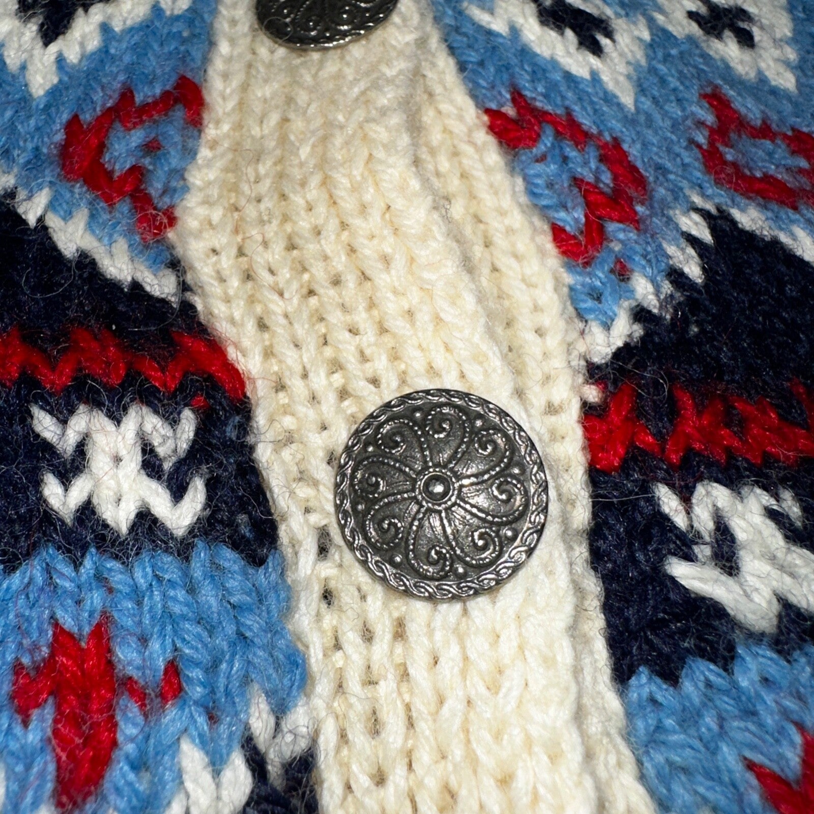 1960s VTG Boho Icelandic Knit Cardigan Large Ivory Red Wool Chunky Grandma Core