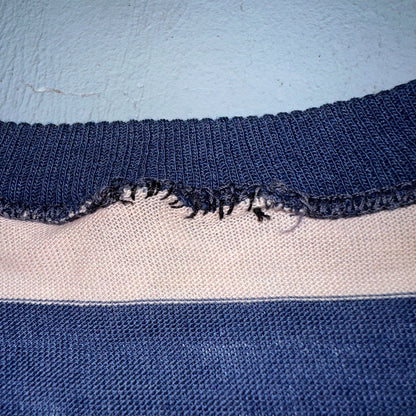 Blue Pink Rockabilly V Neck T Shirt 1970s Striped Basic Essential Single Stitch