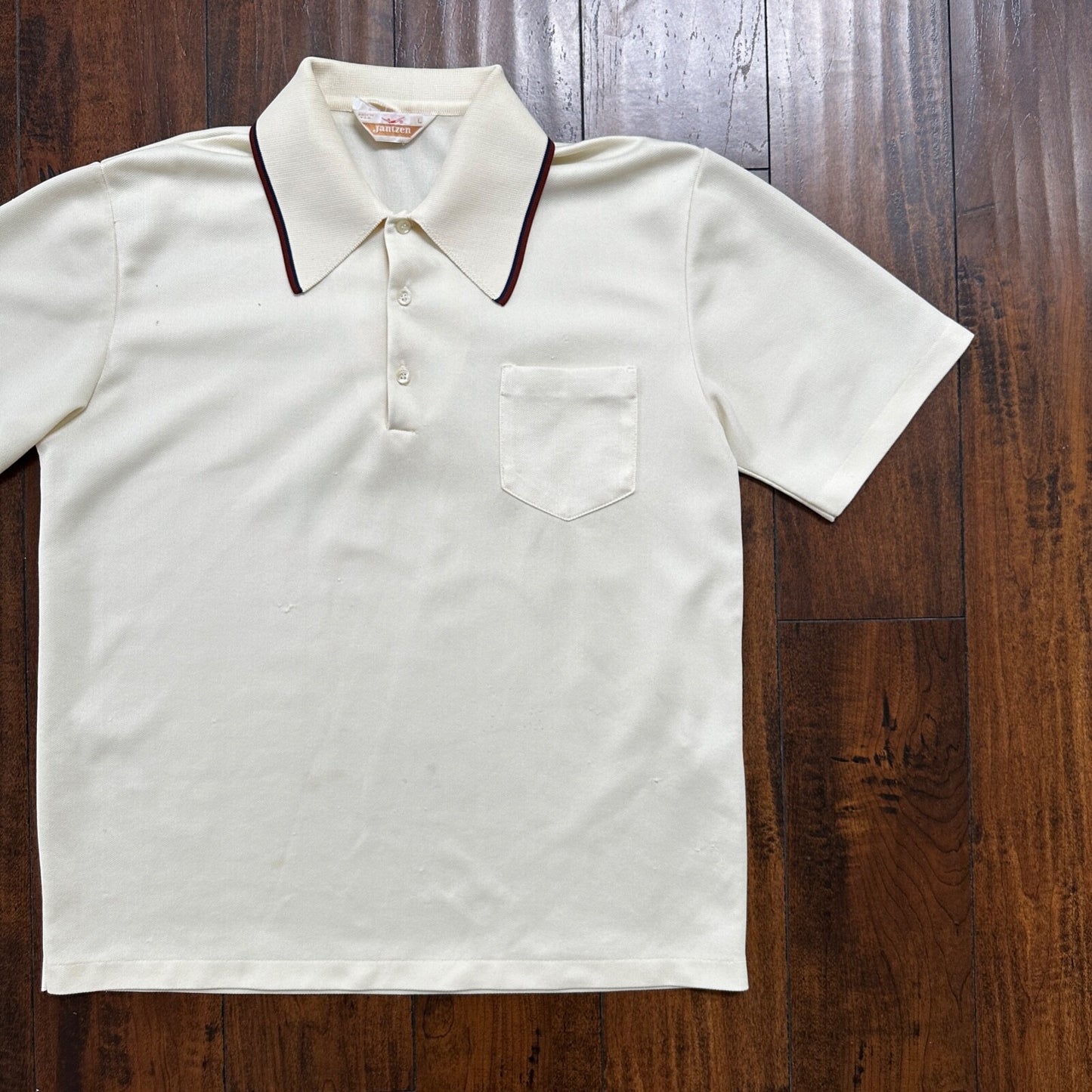 Vintage Jantzen Classic Look White Polo Shirt Single Stitch Size L 1970s 70s