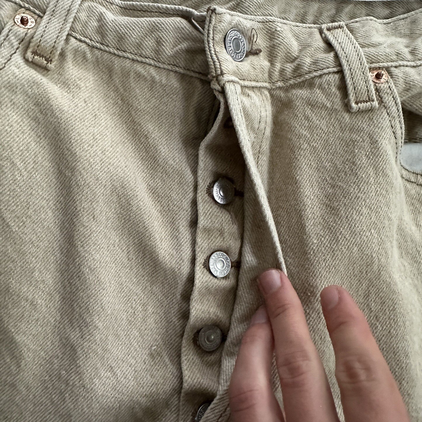 Vintage Levis 501 XX Button Fly 90s 38x34 80s Tag Act 35x34 Tan Cream Bleach