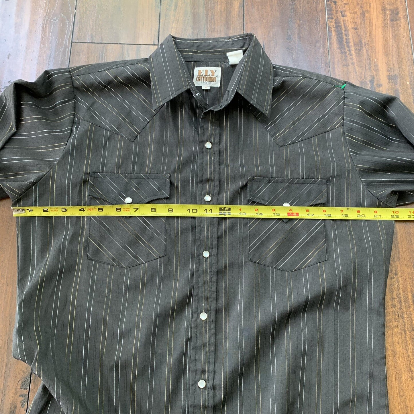 Vintage 60s Ely Cattleman Pearl Snap M Western Shirt Black Silver Gold 70s True
