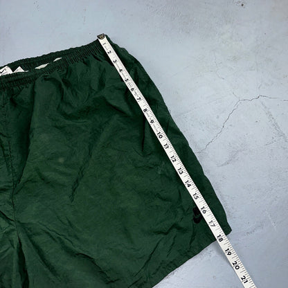 Nike Vintage Green Nylon Shorts Swoosh 2XL 90s White Tag 5” Inseam Running Swim