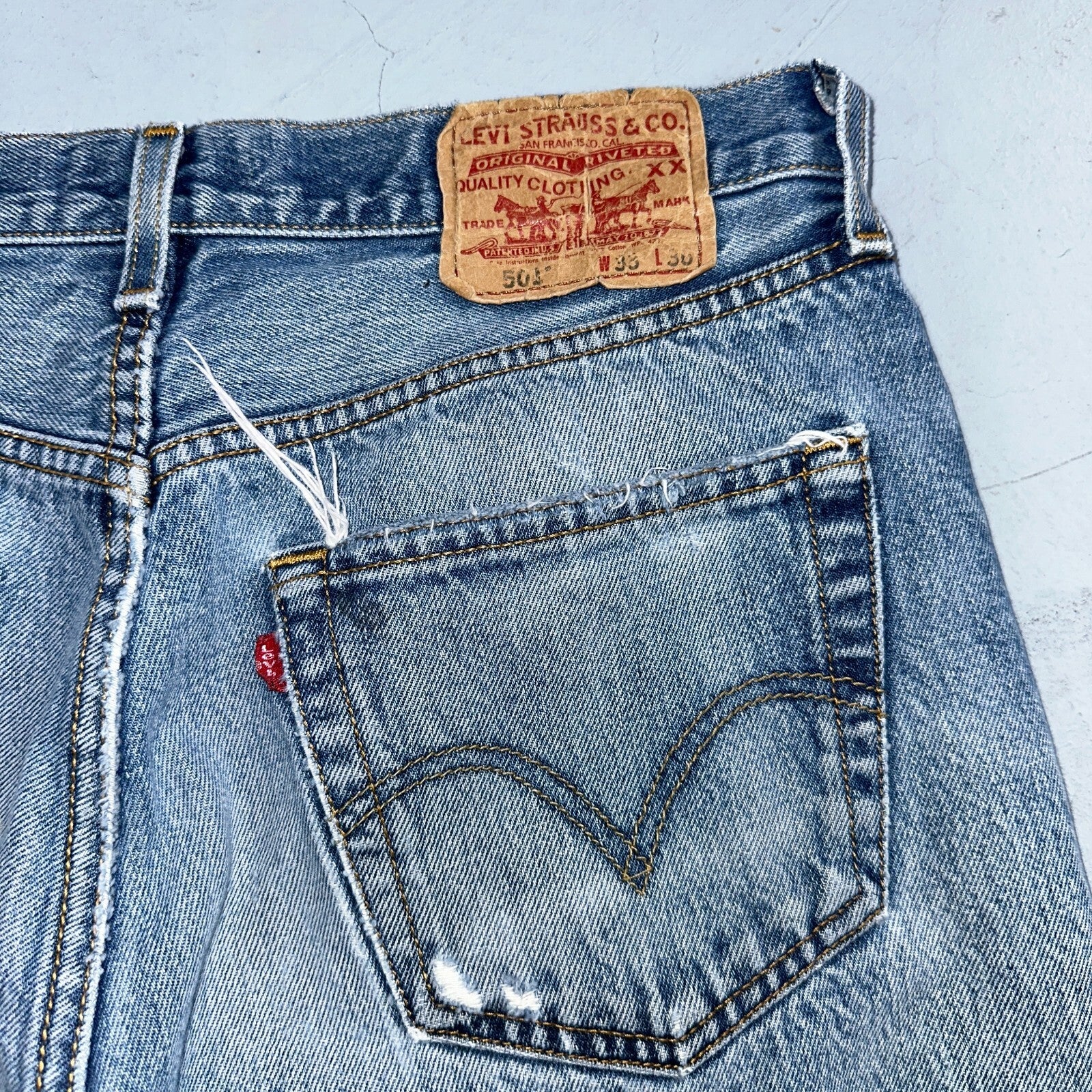 Levis 501 Vintage Y2K XX Straight Leg Jeans Rips Blue Med Wash 33x36 Act 31x31