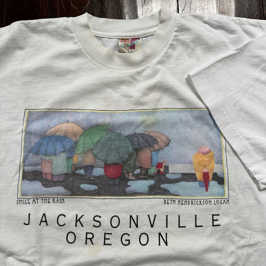 Jacksonville Oregon Smile at Rain VTG T Shirt Beth Logan Art PDX Umbrella Sad