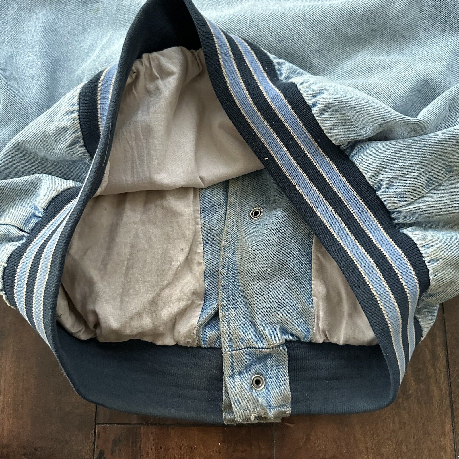 Vintage Oregon 90s Denim Varsity Jacket Bomber Salem Auto NASCAR Racing Thrashed