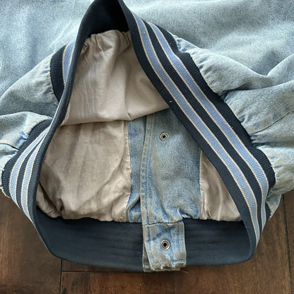 Vintage Oregon 90s Denim Varsity Jacket Bomber Salem Auto NASCAR Racing Thrashed