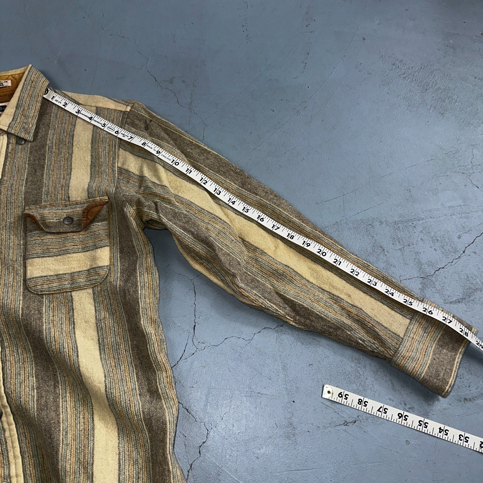 Arrow Shelter Bay Wool Mens Shirt Button Up M Brown Plaid Flannel Striped 80s