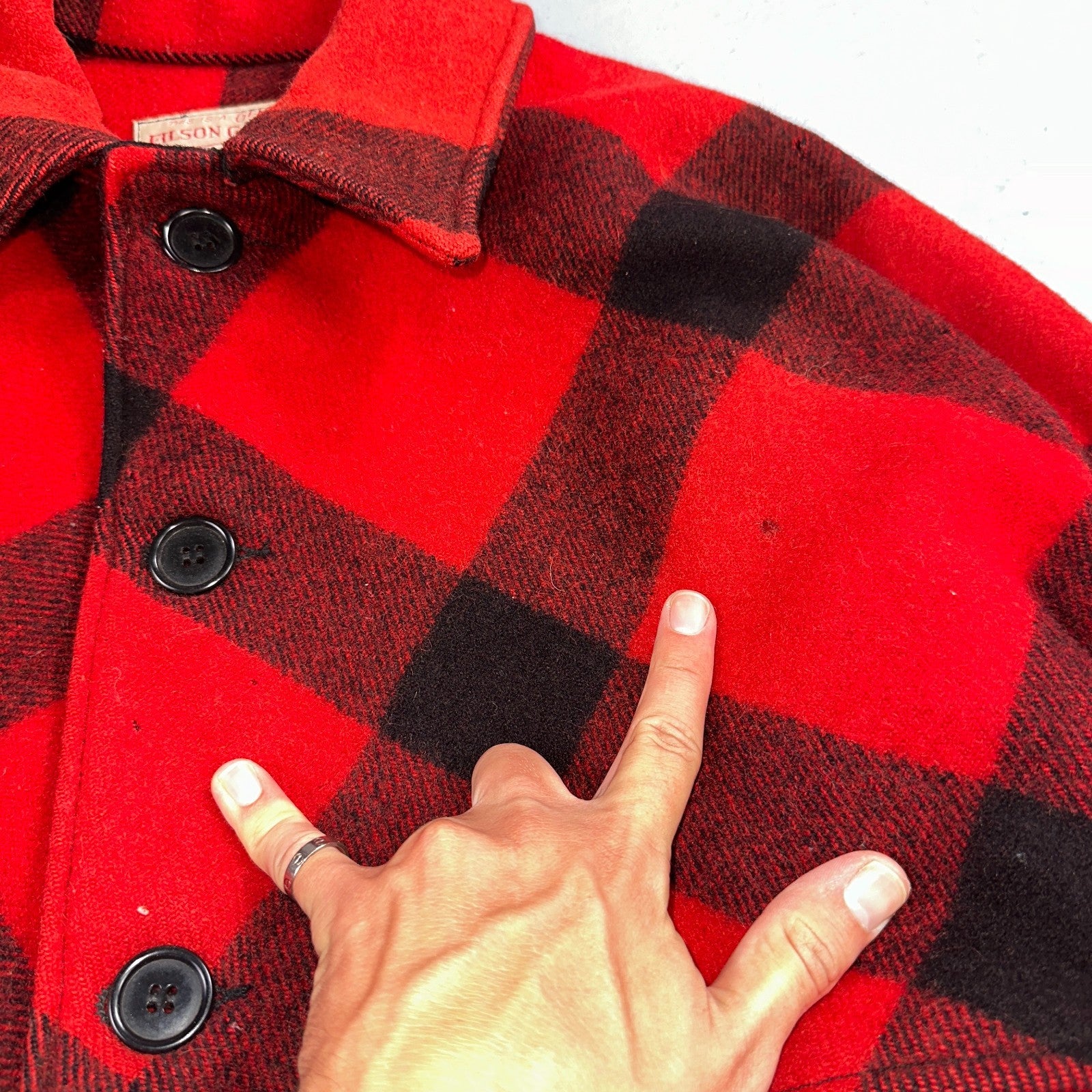Filson Double Mackinaw Cruiser Coat Jacket Mens 46 Red Plaid Wool 70s Vintage