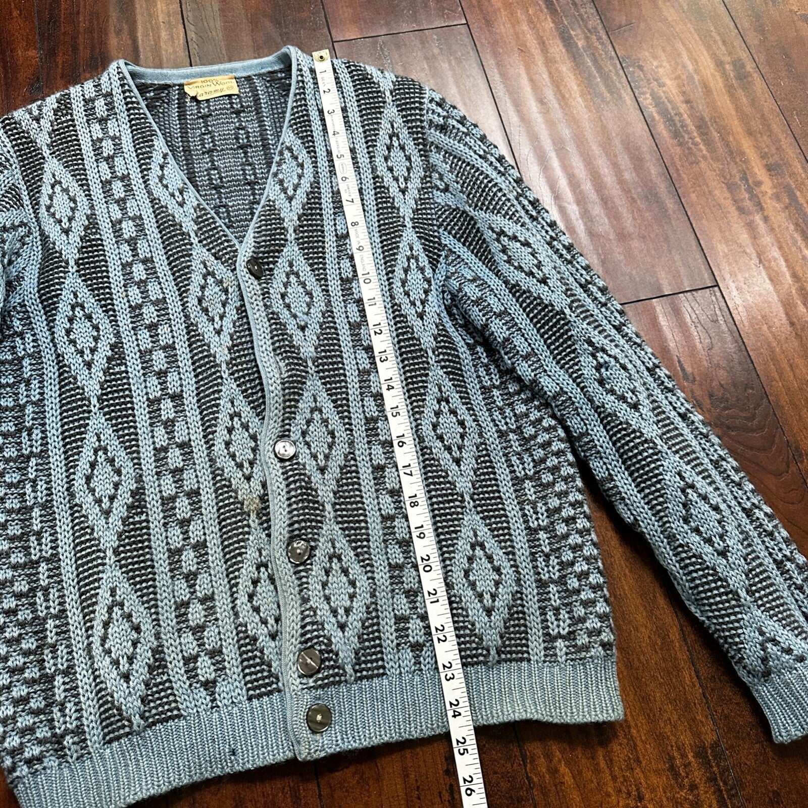 VTG RARE Caramy Cardigan Mens M Blue 1970s Corduroy Wool Button Up Aztec